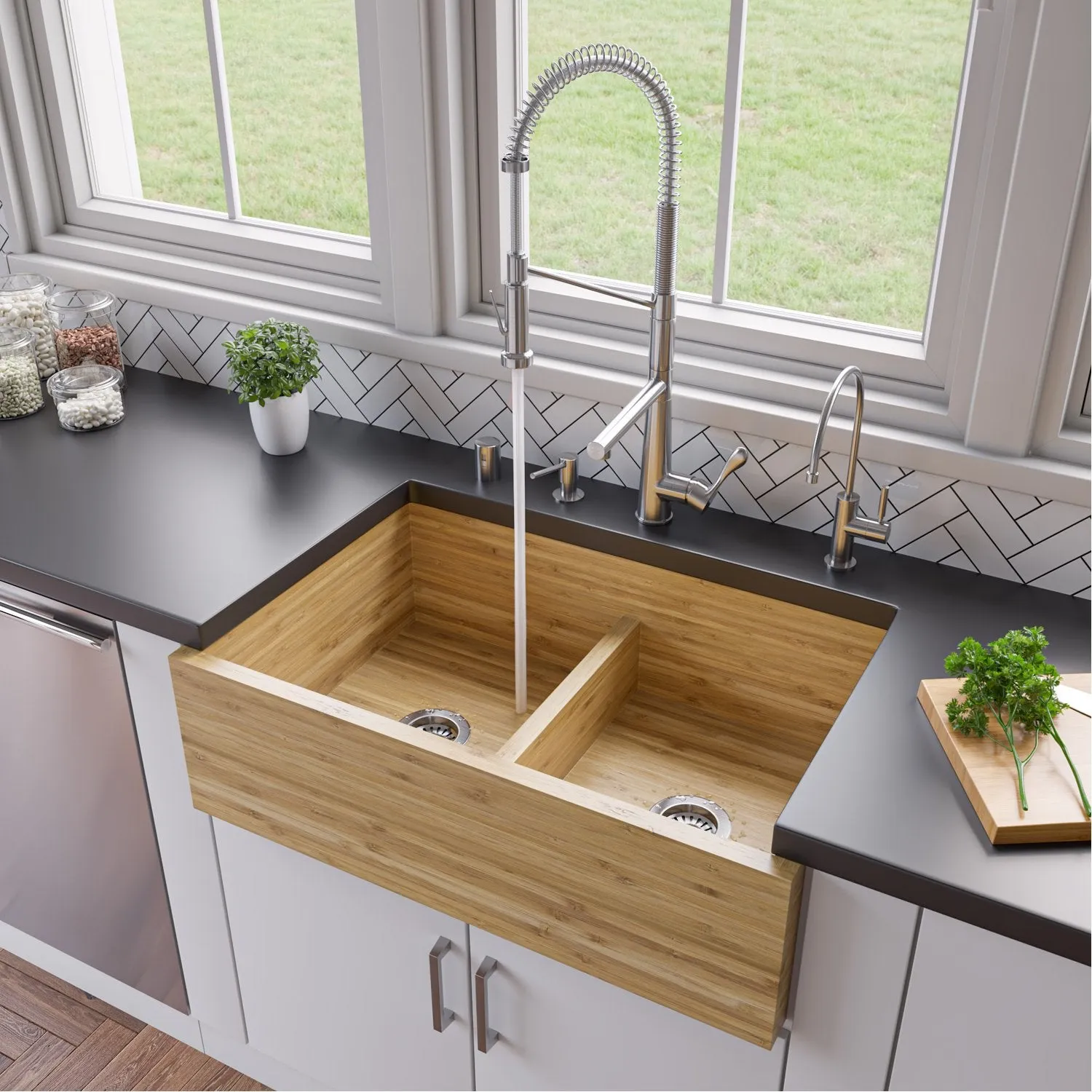 Bamboo 33" Double Bowl Farmhouse Sink