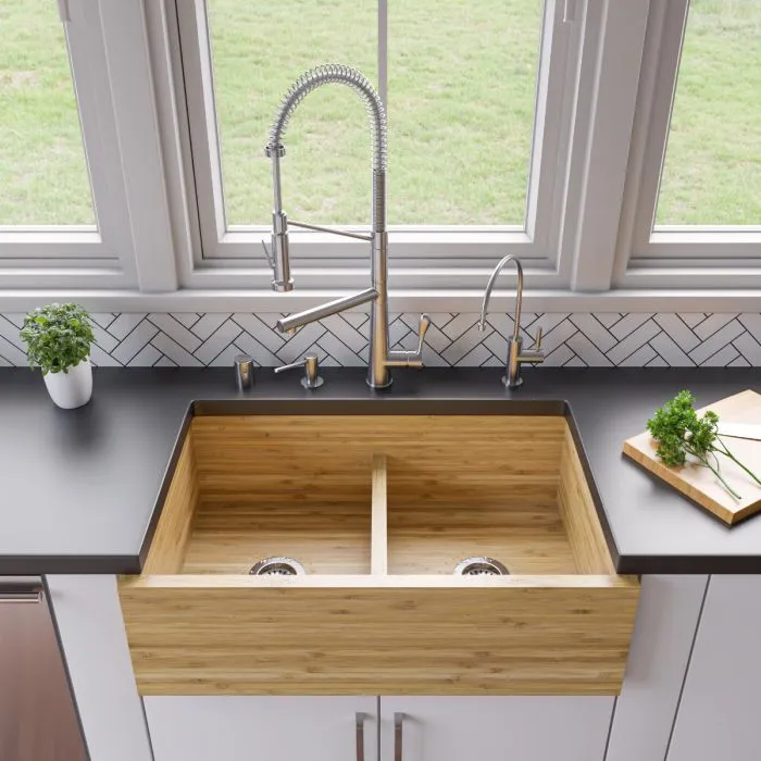 Bamboo 33" Double Bowl Farmhouse Sink