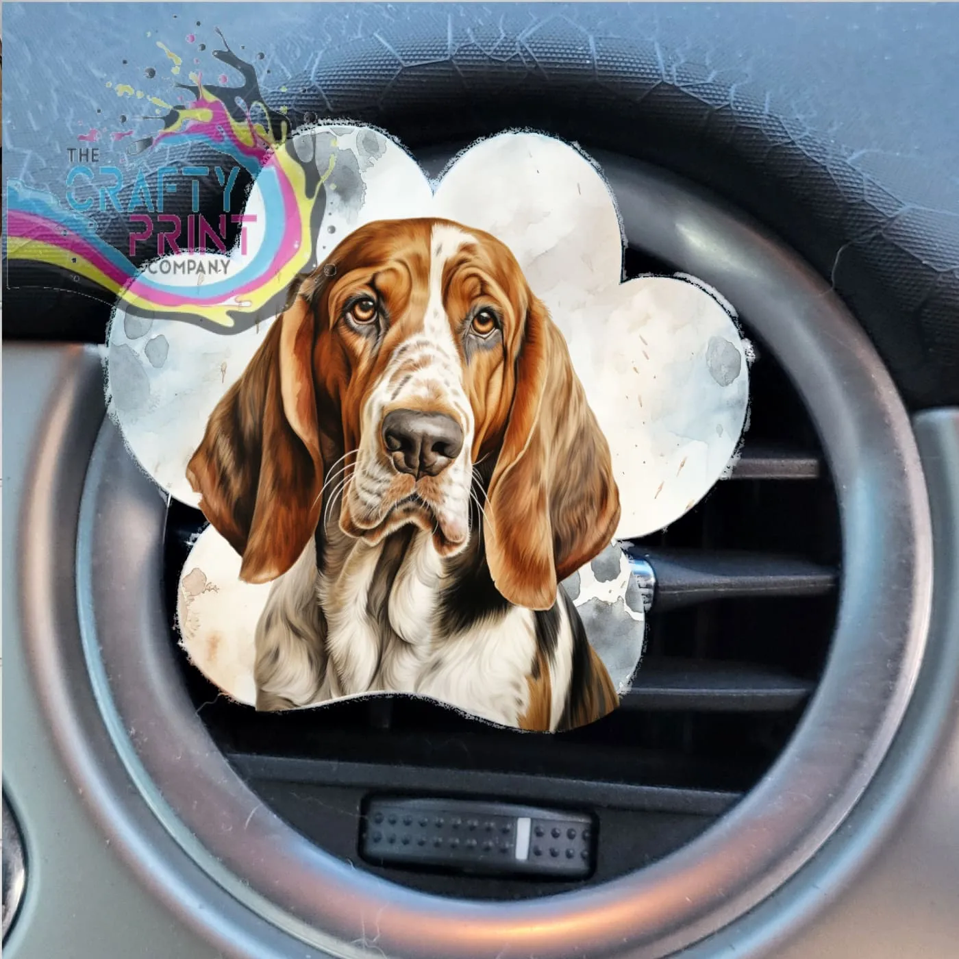 Basset Hound Acrylic Paw Print Car Vent Clip on Air Freshener