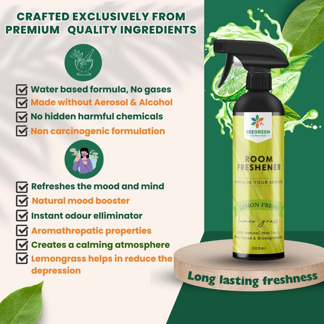 Beegreen Room Freshener Lemon Fresh- 500 ml, Plant Based Ingredients, Lemon Grass Fragrance, Natural, Eco-friendly & Biodegradable, Essential Oils, Irritant-Free, Chemical-Free, Alcohol-Free