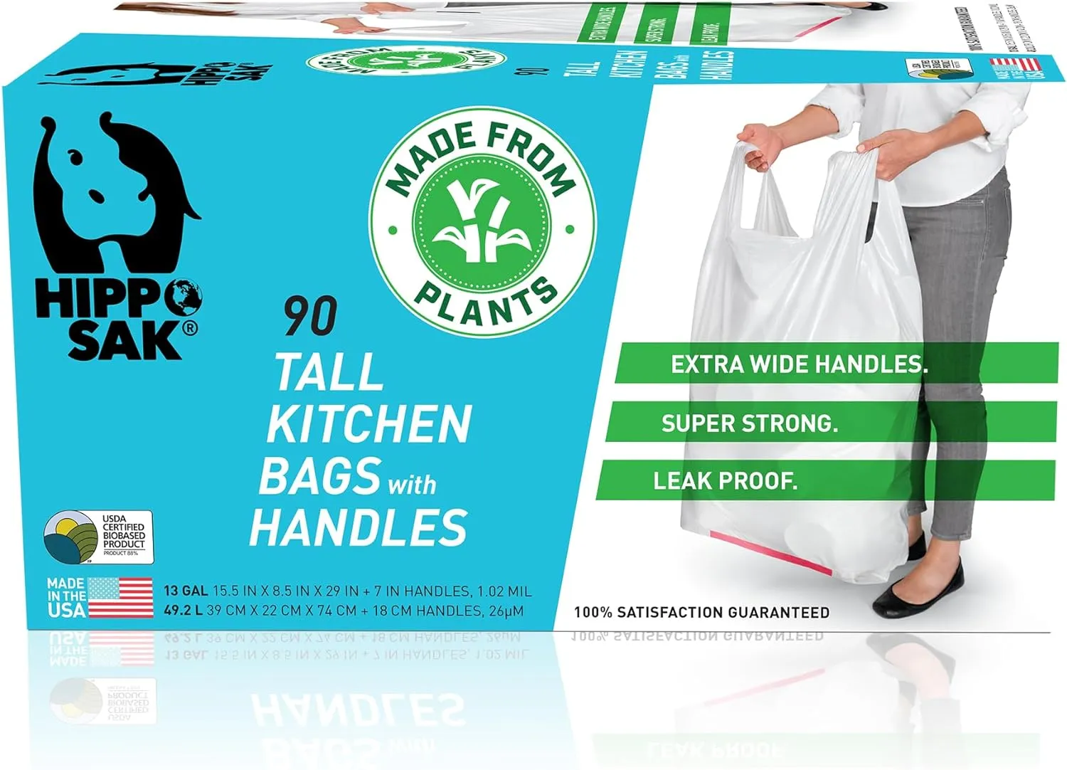 Eco-Friendly 13-Gallon Plant-Based Trash Bags with Ergonomic Handles – Recyclable, Leak-Proof, and Extra Strong