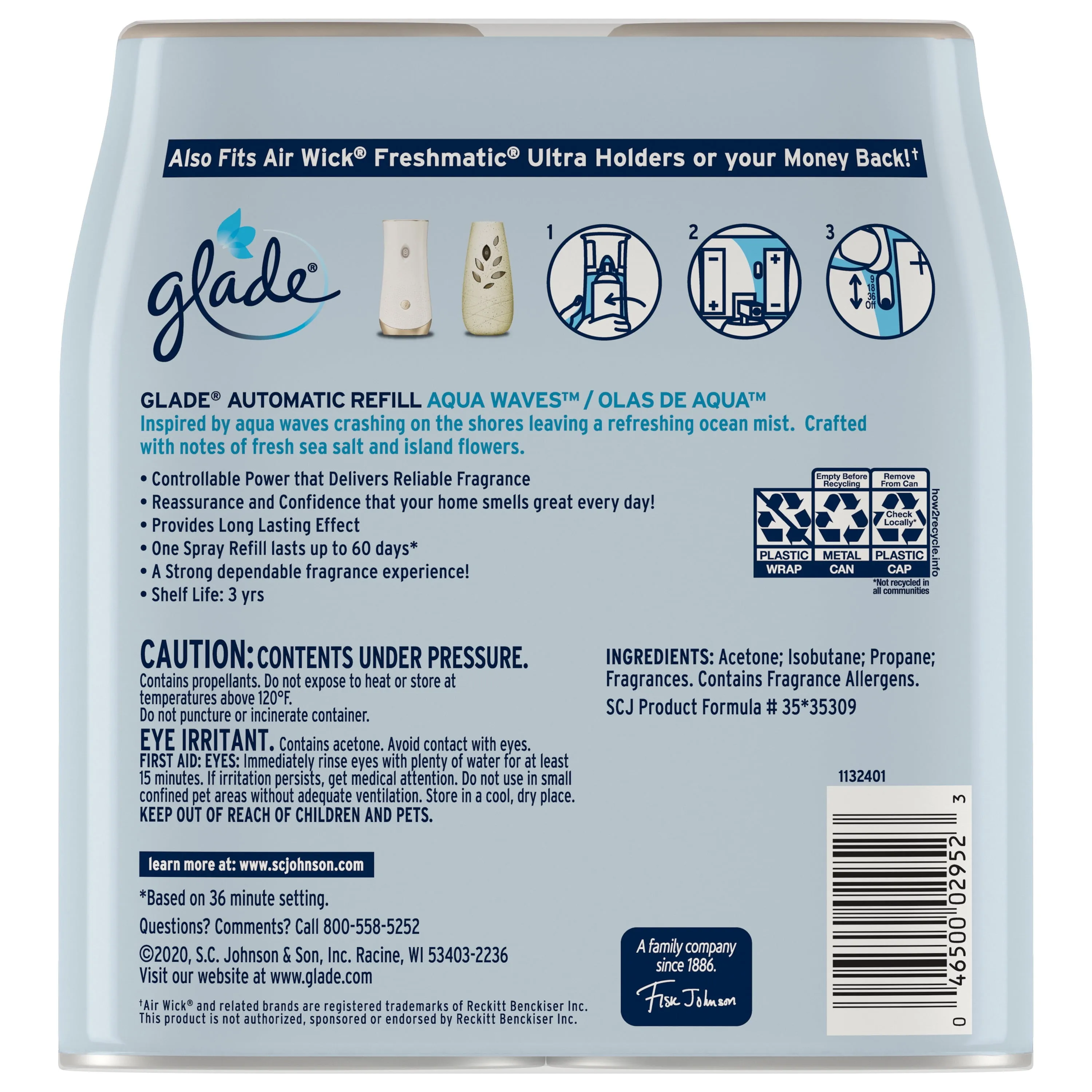 Glade Automatic Spray Refill, Air Freshener, Aqua Waves, 2 Refills, 2 x 6.2 Oz