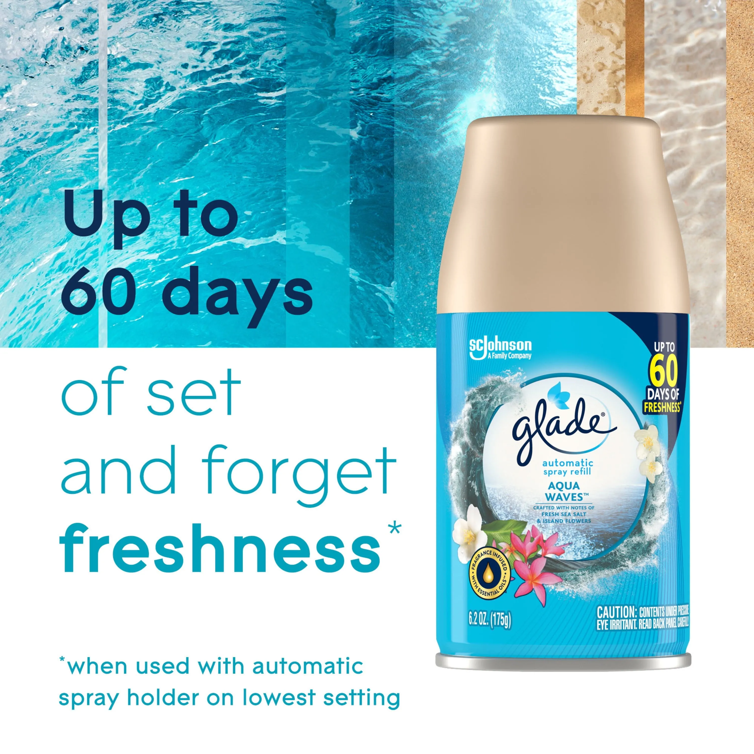 Glade Automatic Spray Refill, Air Freshener, Aqua Waves, 2 Refills, 2 x 6.2 Oz