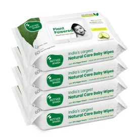 Mother Sparsh Natural Care Baby Wipes I 100% Plant Made Fabric From Forest Land | Plant Powered Wet Wipes with Cucumber Extract For Baby I Cotton Cloth Like Bigger Sheets | 60 Pcs (Pack of 4)