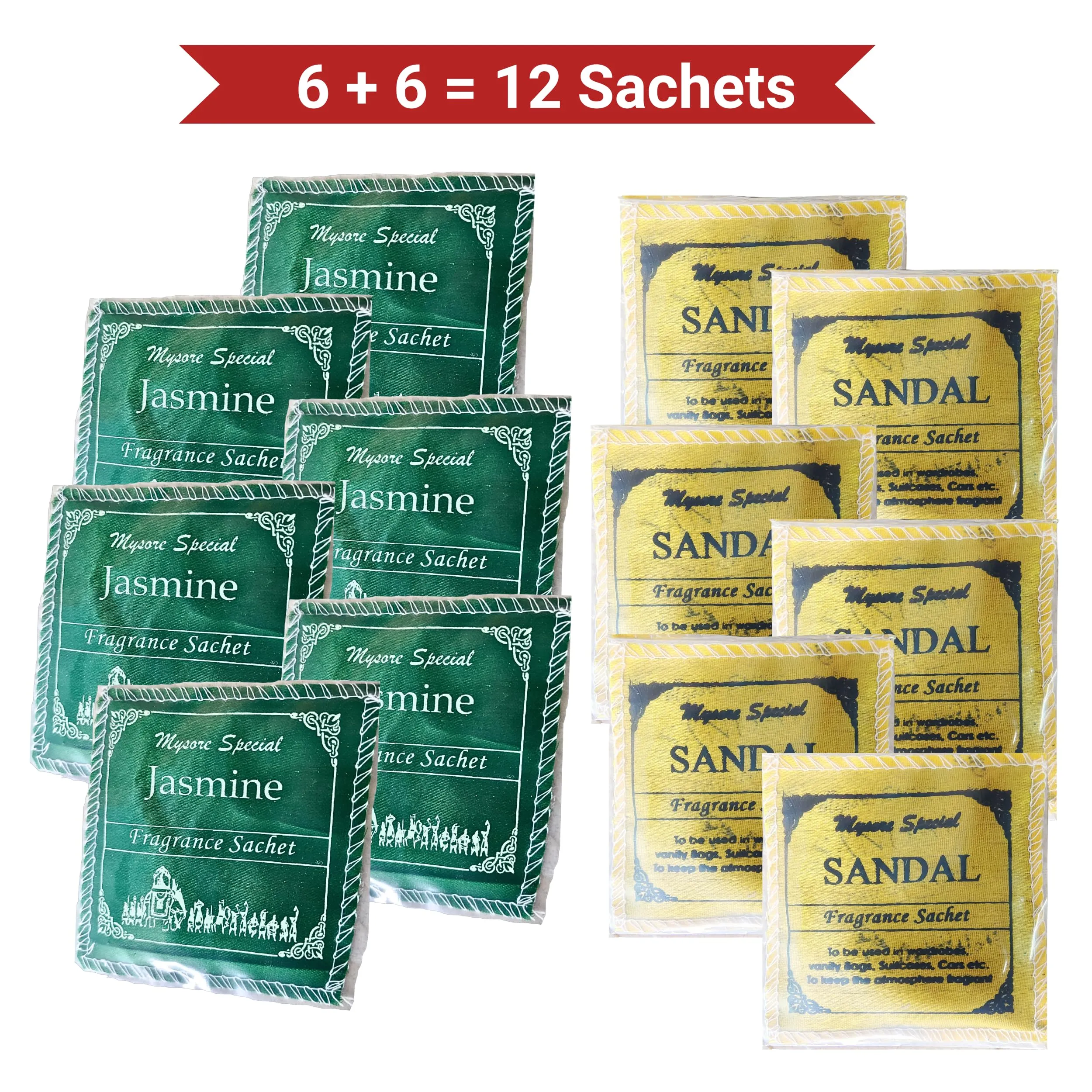 Mysore Sandal & Jasmine Fragrance Sachets (12-Pack) | Natural Sandalwood & Jasmine Powder | Eco-Friendly Cloth Pouches | Long-Lasting Freshness for Wardrobe, Closet, Drawers, and More