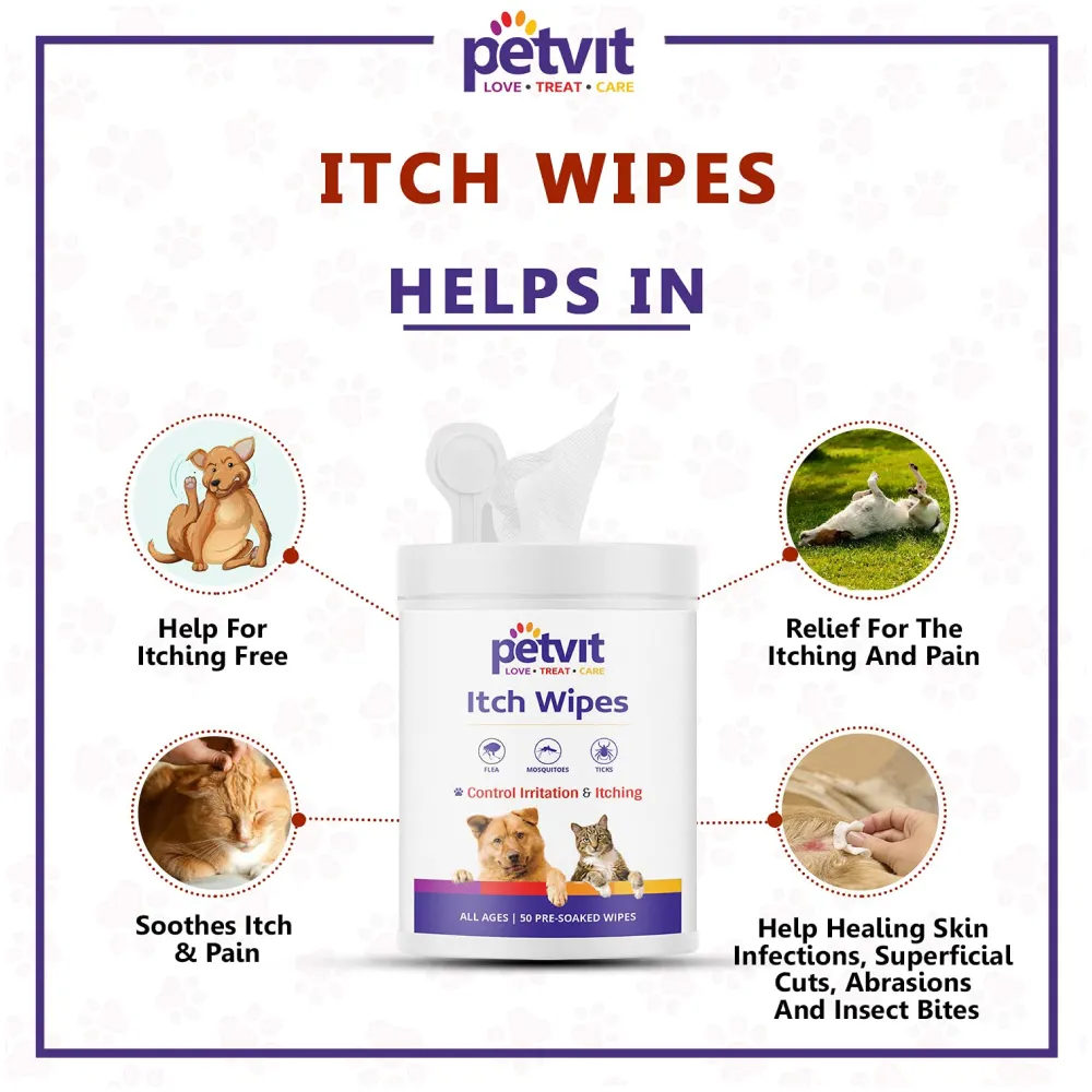 Petvit Itch Wipes and Dogsee Veda ITCH RELIEF Aloe Vera Shampoo for Dogs Combo