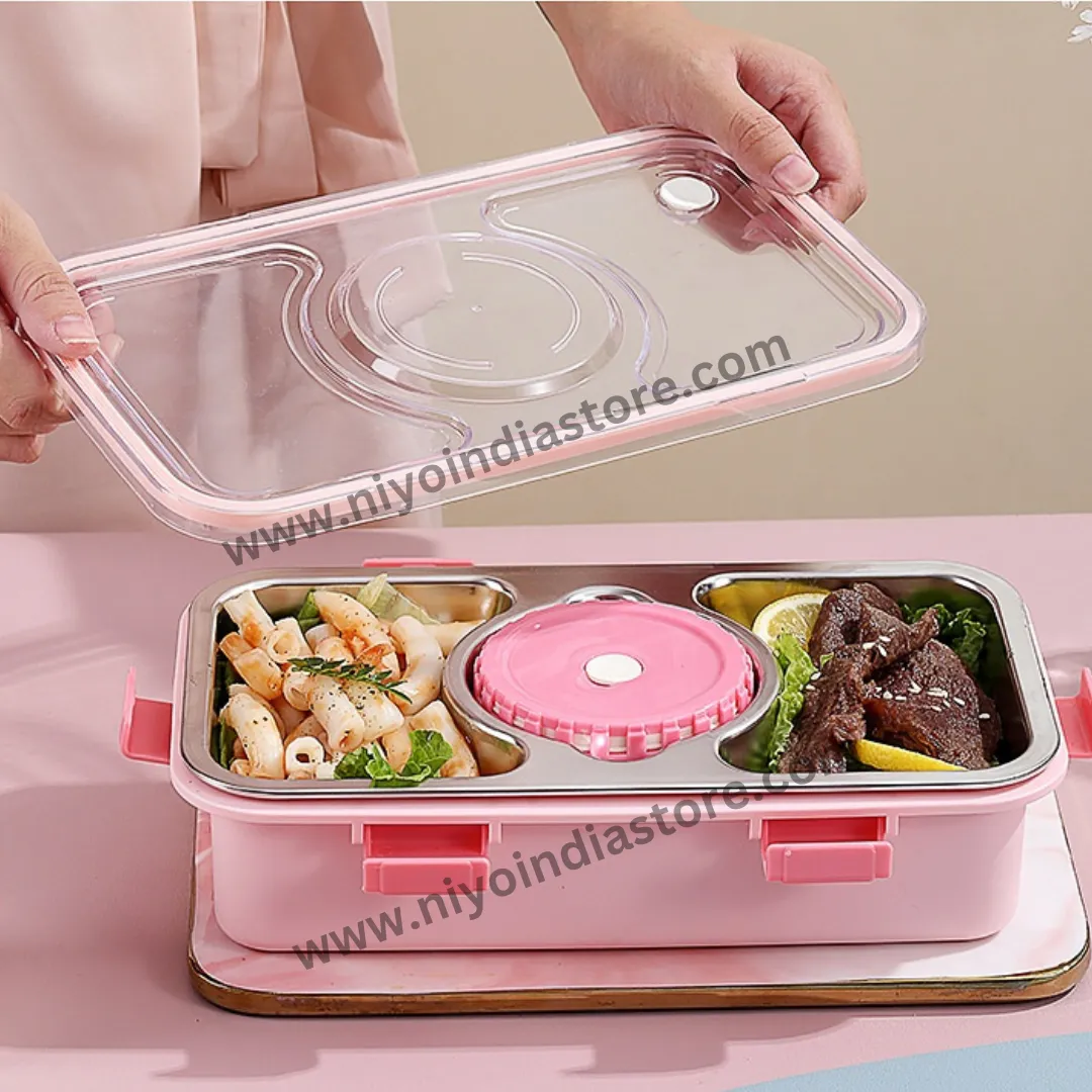 Pink Stainless Steel Lunch Box (750ml) and 304 Stainless Steel Bottle (600ml) Combo