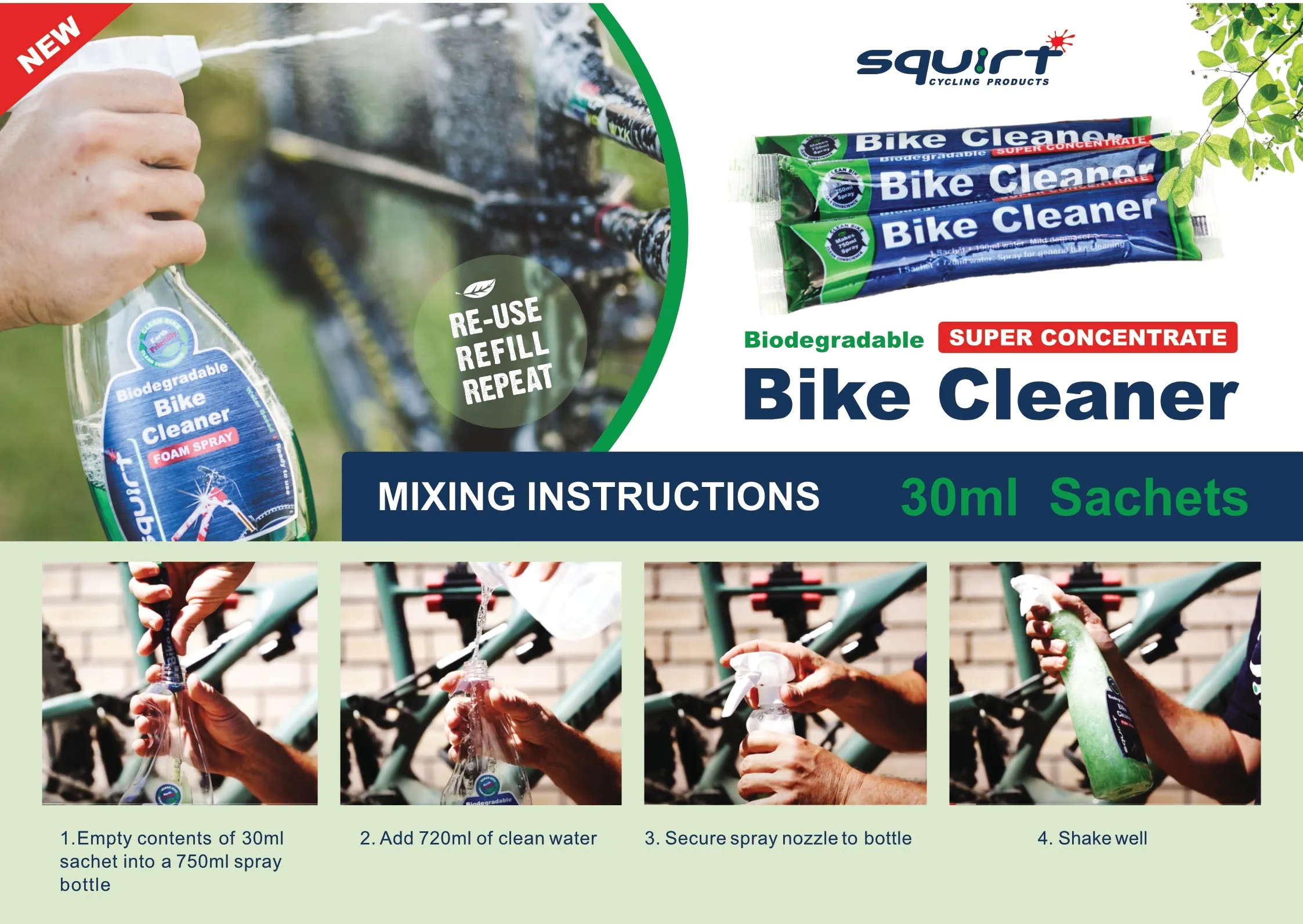 Squirt Bike Cleaner Foam Spray 750ml (25oz)   3 x 30ml (1 oz) Super Concentrate Sachets