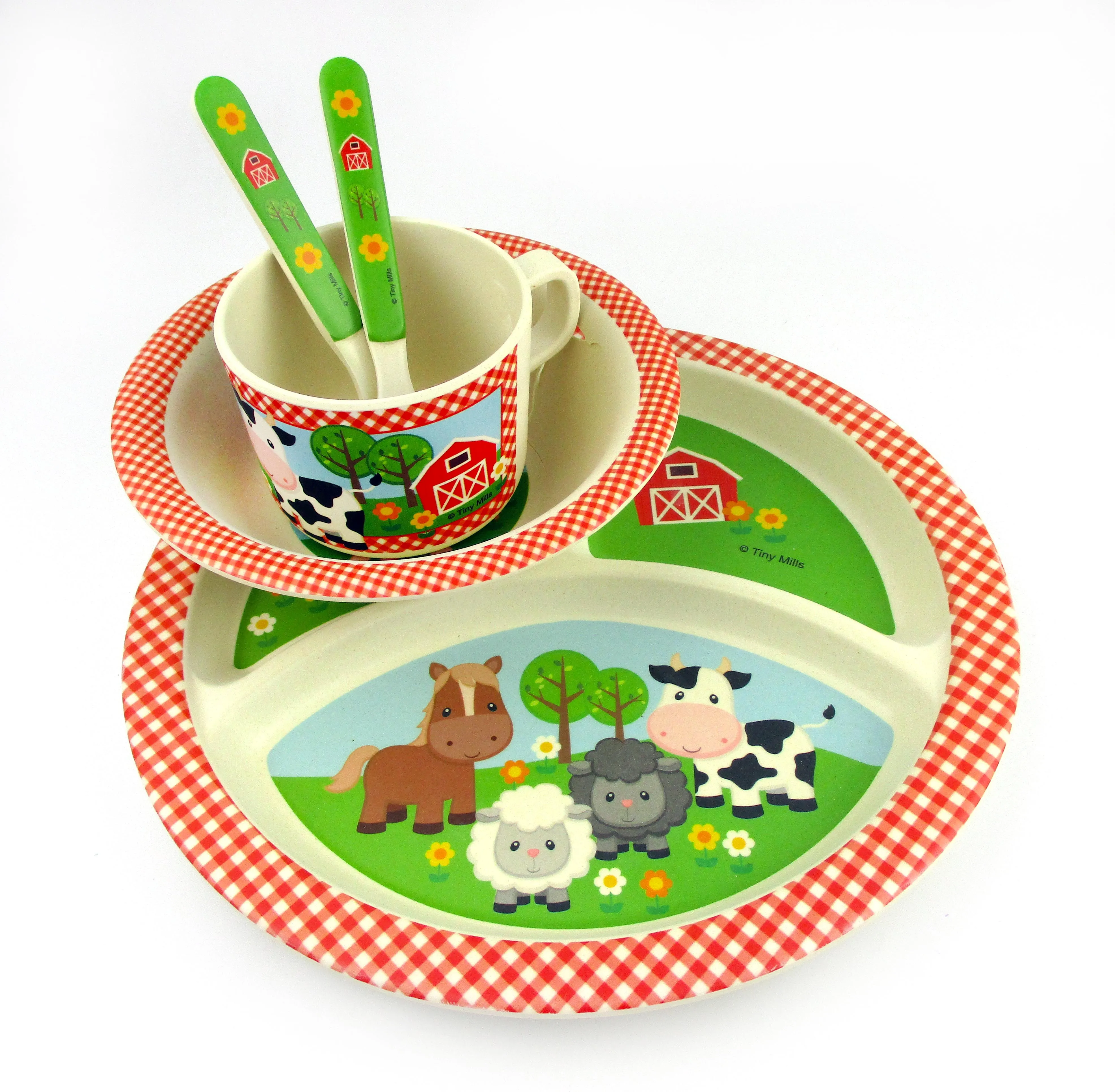 TINYMILLS 5-Piece Eco-Friendly Plant Fiber Dinnerware Set with Farm Animals Design