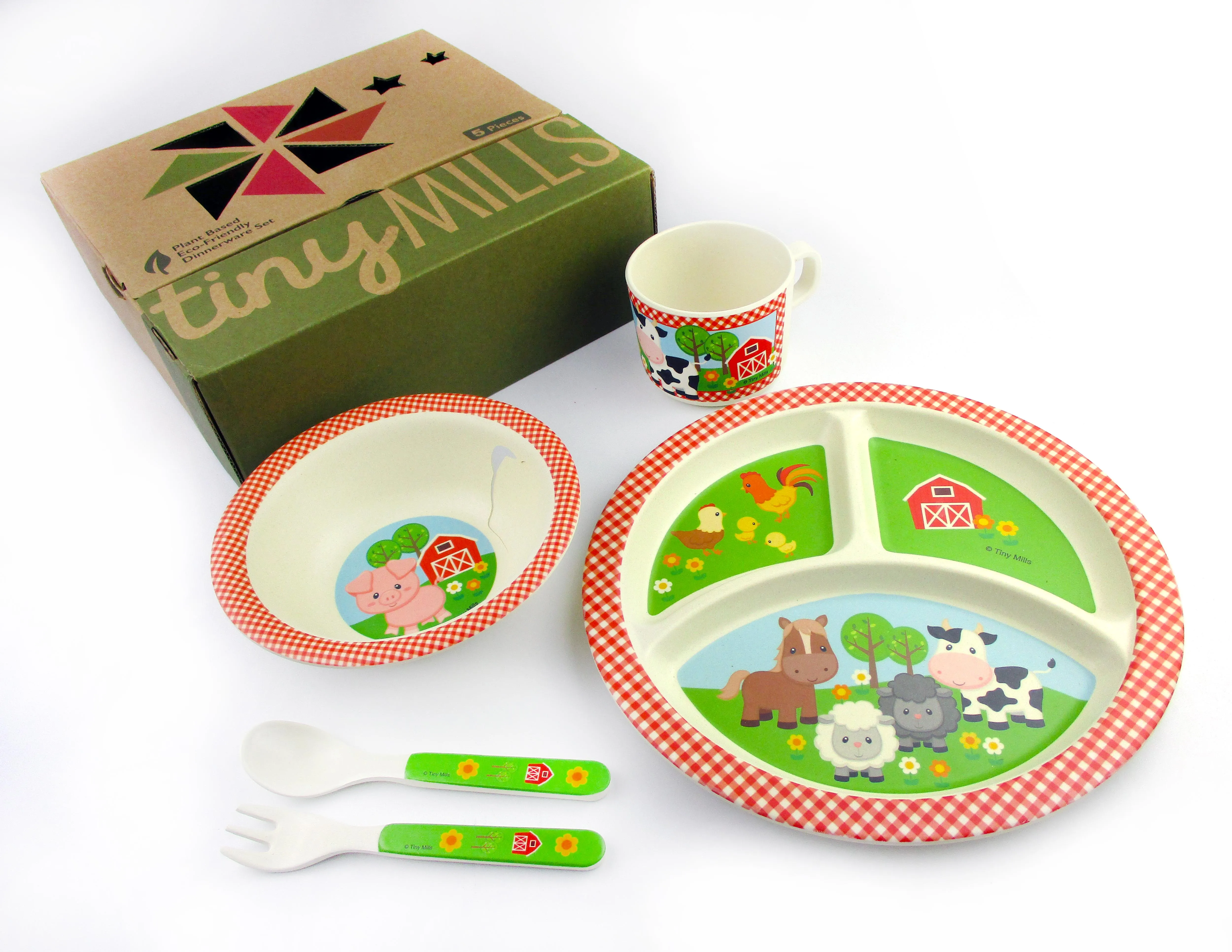 TINYMILLS 5-Piece Eco-Friendly Plant Fiber Dinnerware Set with Farm Animals Design