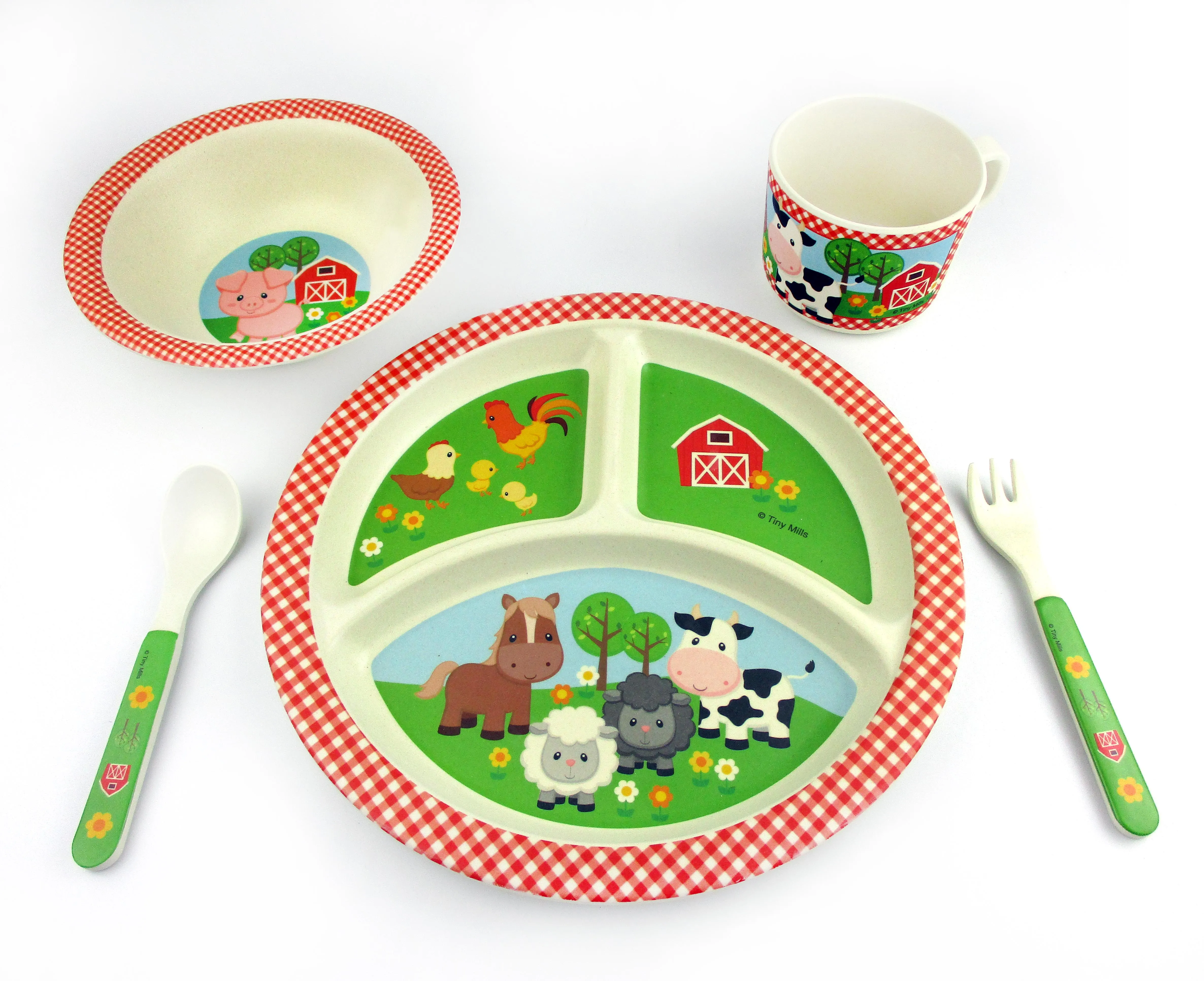 TINYMILLS 5-Piece Eco-Friendly Plant Fiber Dinnerware Set with Farm Animals Design