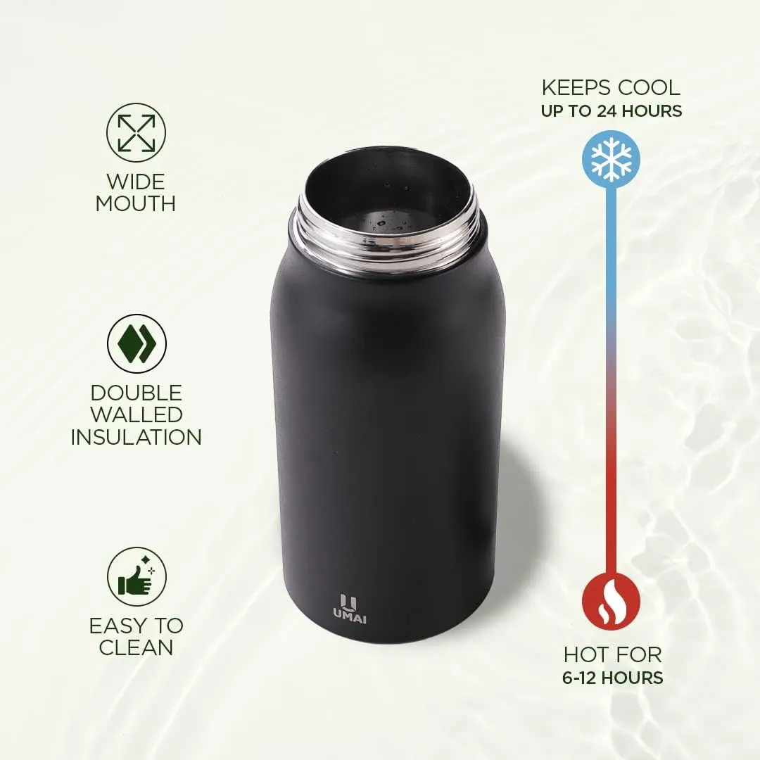 Urbane Home Insulated Stainless Steel Bottle 1 litre with Sipper Lid-Double Wall |Leak Proof|Rust Proof|Keeps Drinks Hot/Cold for 6-12 Hours|Flip Up Handle| Easy to Carry (Black) (Pack of 40)