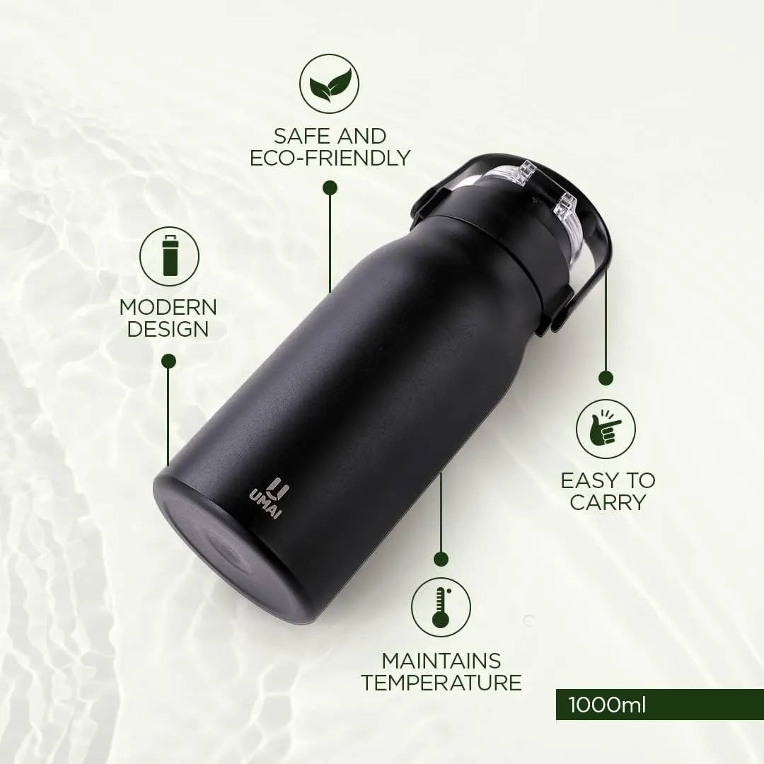 Urbane Home Insulated Stainless Steel Bottle 1 litre with Sipper Lid-Double Wall |Leak Proof|Rust Proof|Keeps Drinks Hot/Cold for 6-12 Hours|Flip Up Handle| Easy to Carry (Black) (Pack of 40)