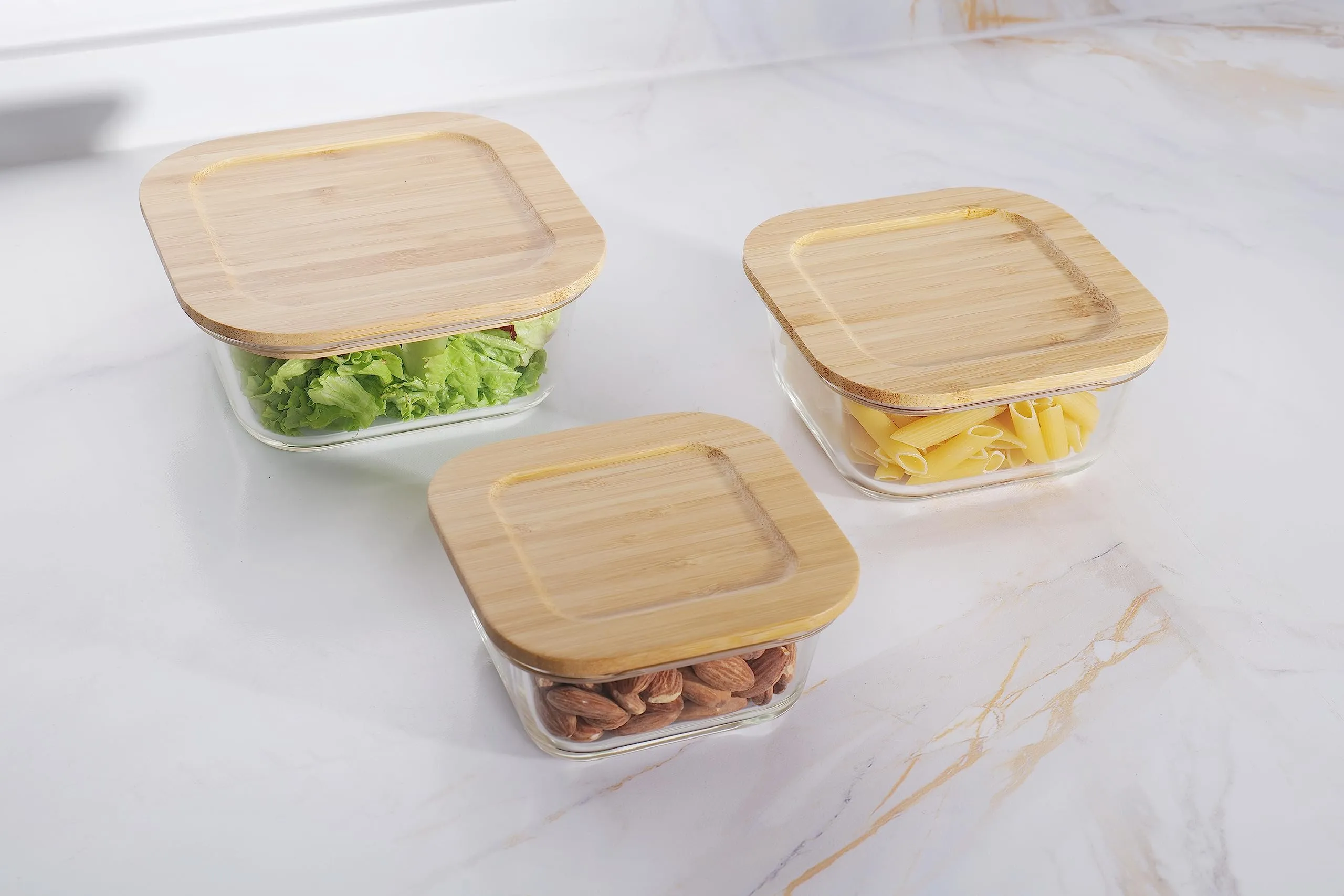 USHA SHRIRAM Borosilicate Food Container Bamboo lid|Borsilicate Glass Container For Kitchen Storage | Microwave Safe | Glass Container With Wooden Airtight Lid (3 Pcs - 320ml, 520ml, 800ml)