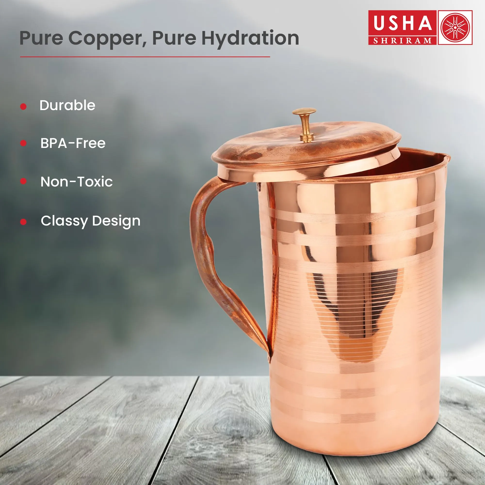 USHA SHRIRAM Pure Copper Water Bottle (1 L) & Copper Jug (2L)| Eco-Friendly, Biodegradable & Non-Toxic | Water Bottle for Kids & Adults | Lightweight, Leak-Proof, Durable & Rust-Free Tamba Bottle