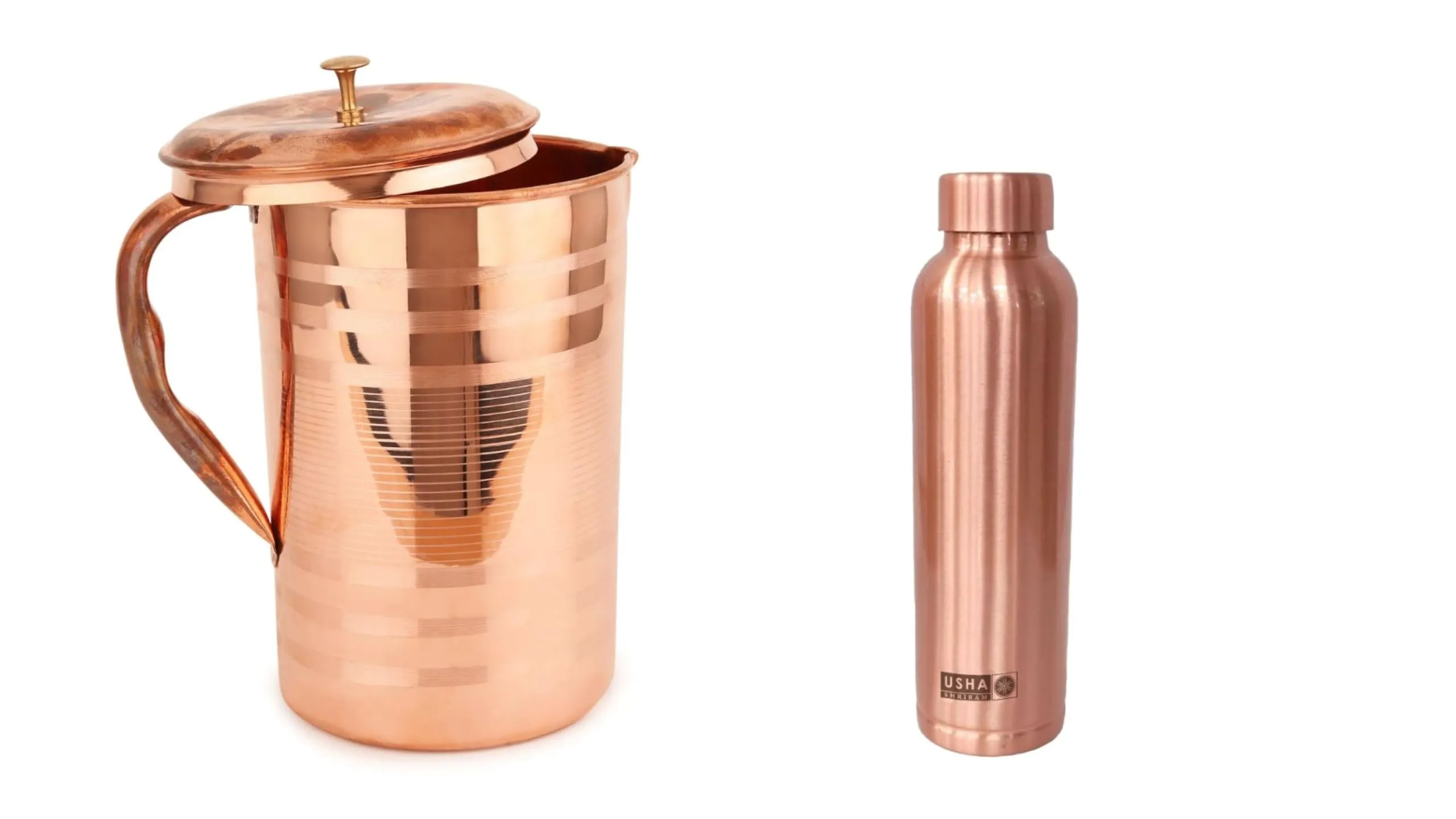 USHA SHRIRAM Pure Copper Water Bottle (1 L) & Copper Jug (2L)| Eco-Friendly, Biodegradable & Non-Toxic | Water Bottle for Kids & Adults | Lightweight, Leak-Proof, Durable & Rust-Free Tamba Bottle