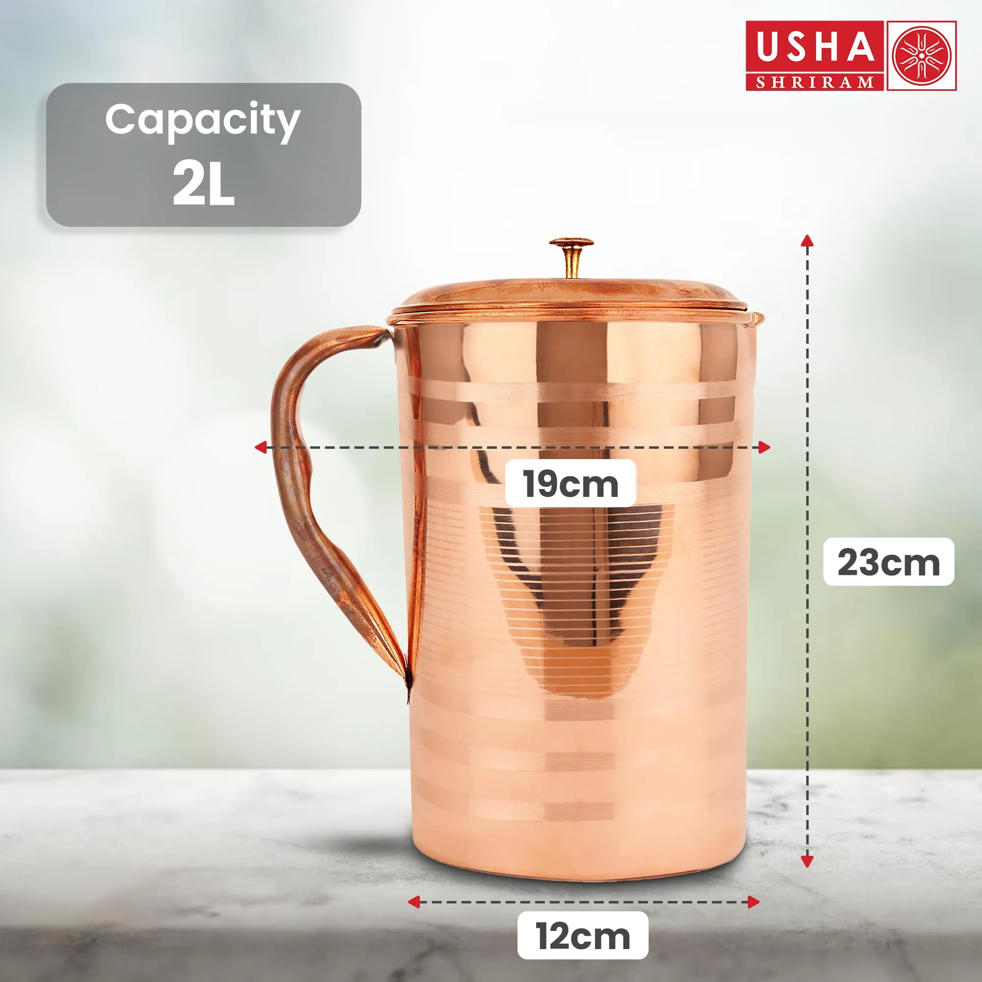 USHA SHRIRAM Pure Copper Water Bottle (1 L) & Copper Jug (2L)| Eco-Friendly, Biodegradable & Non-Toxic | Water Bottle for Kids & Adults | Lightweight, Leak-Proof, Durable & Rust-Free Tamba Bottle