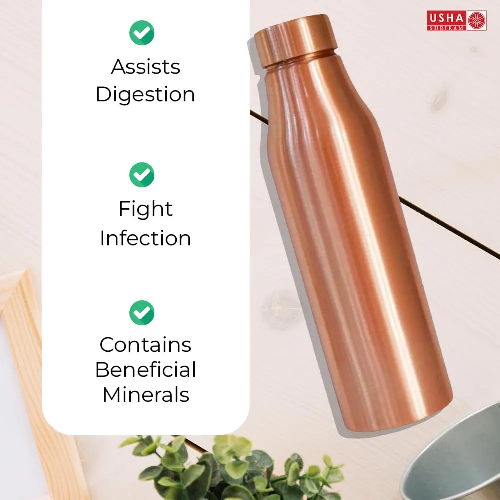 USHA SHRIRAM Pure Copper Water Bottle 1L | Eco-Friendly, Biodegradable & Non-Toxic | Water Bottle For Kids & Adults | Lightweight, Leak-Proof, Durable & Rust-Free Tamba Bottle, 950 Milliliters