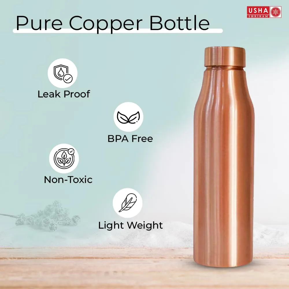 USHA SHRIRAM Pure Copper Water Bottle 1L | Eco-Friendly, Biodegradable & Non-Toxic | Water Bottle For Kids & Adults | Lightweight, Leak-Proof, Durable & Rust-Free Tamba Bottle, 950 Milliliters